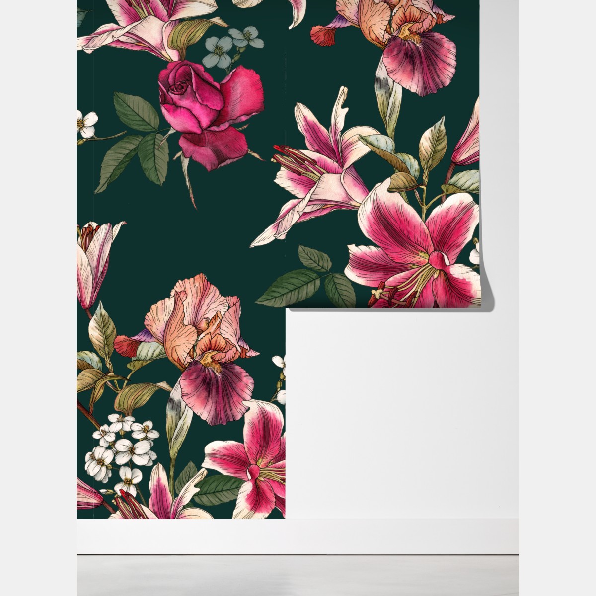 Fototapeta vintage botaniczny wzór kwiatowy na głębokiej zieleni – Wallissimo® Fototapeta vintage botaniczny wzór kwiatowy na głębokiej zieleni – Wallissimo®