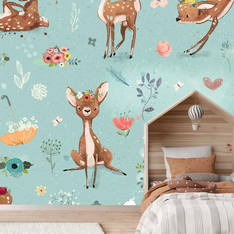 Wall mural woodland fawns and bunnies pastel pattern