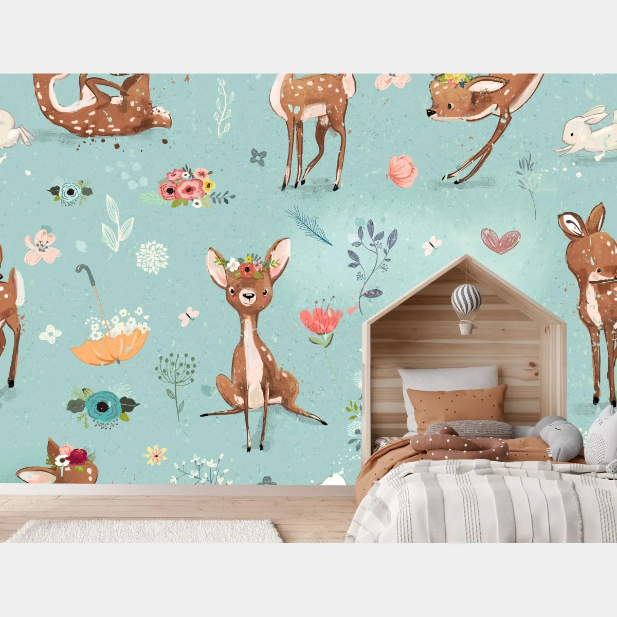 Fototapeta pastelowy wzór leśnych sarenek i królików – Wallissimo® Fototapeta pastelowy wzór leśnych sarenek i królików – Wallissimo®