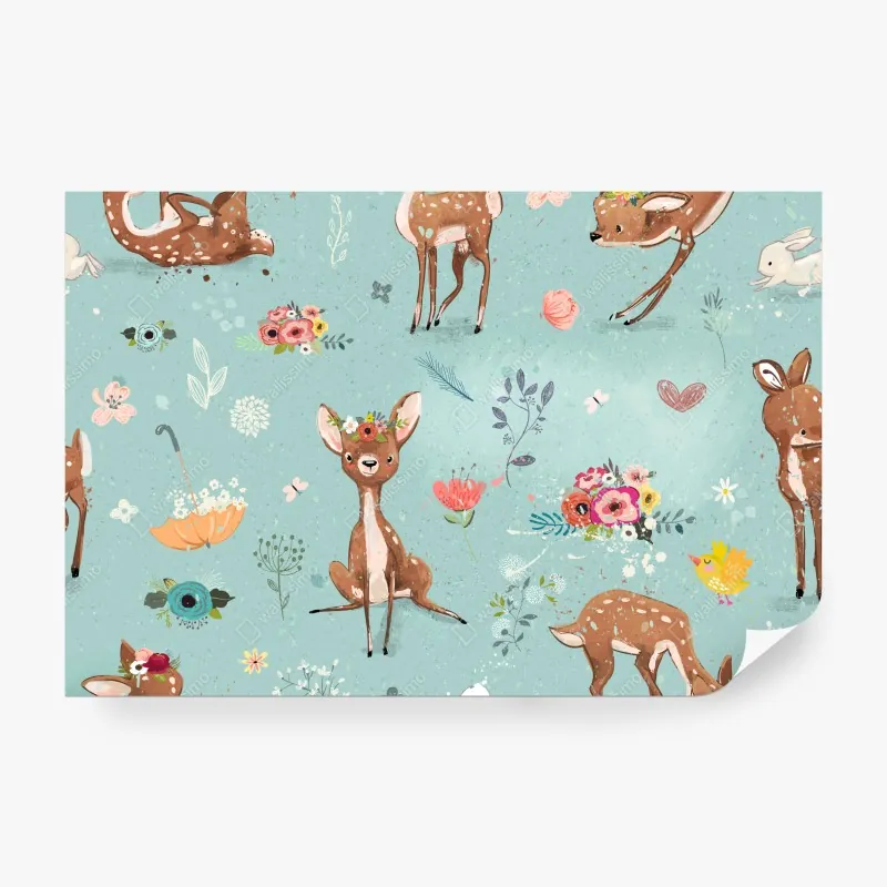 Wall mural woodland fawns and bunnies pastel pattern