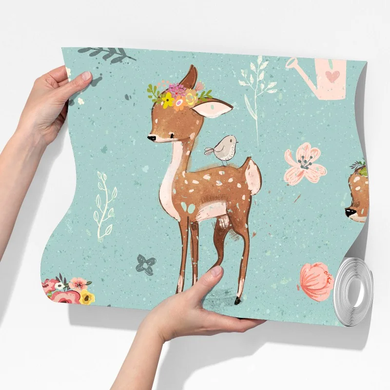 Fototapeta pastelowy wzór leśnych sarenek i królików – Wallissimo® Fototapeta pastelowy wzór leśnych sarenek i królików – Wallissimo®