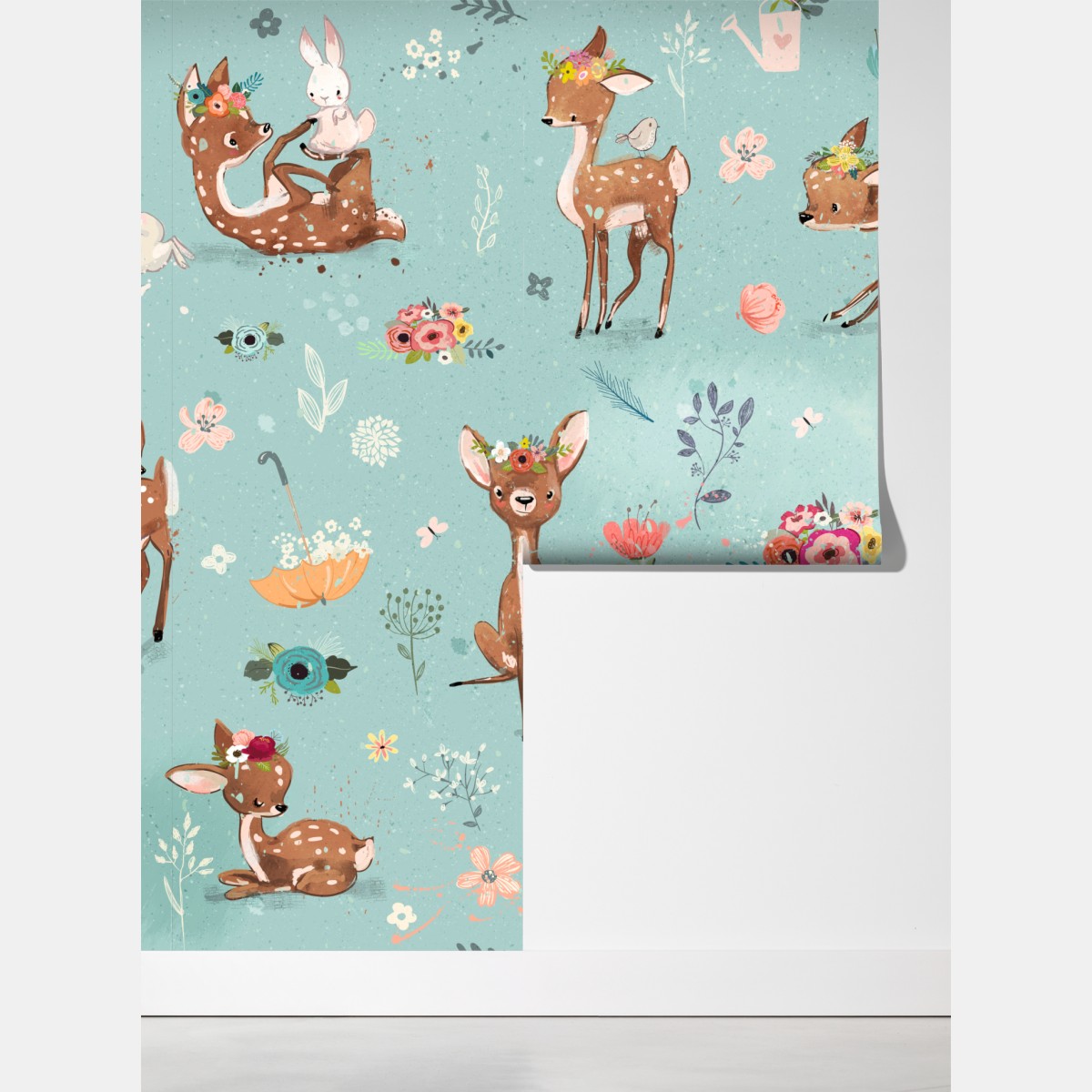 Fototapeta pastelowy wzór leśnych sarenek i królików – Wallissimo® Fototapeta pastelowy wzór leśnych sarenek i królików – Wallissimo®