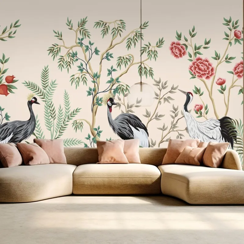 Wall mural serene crane garden illustration