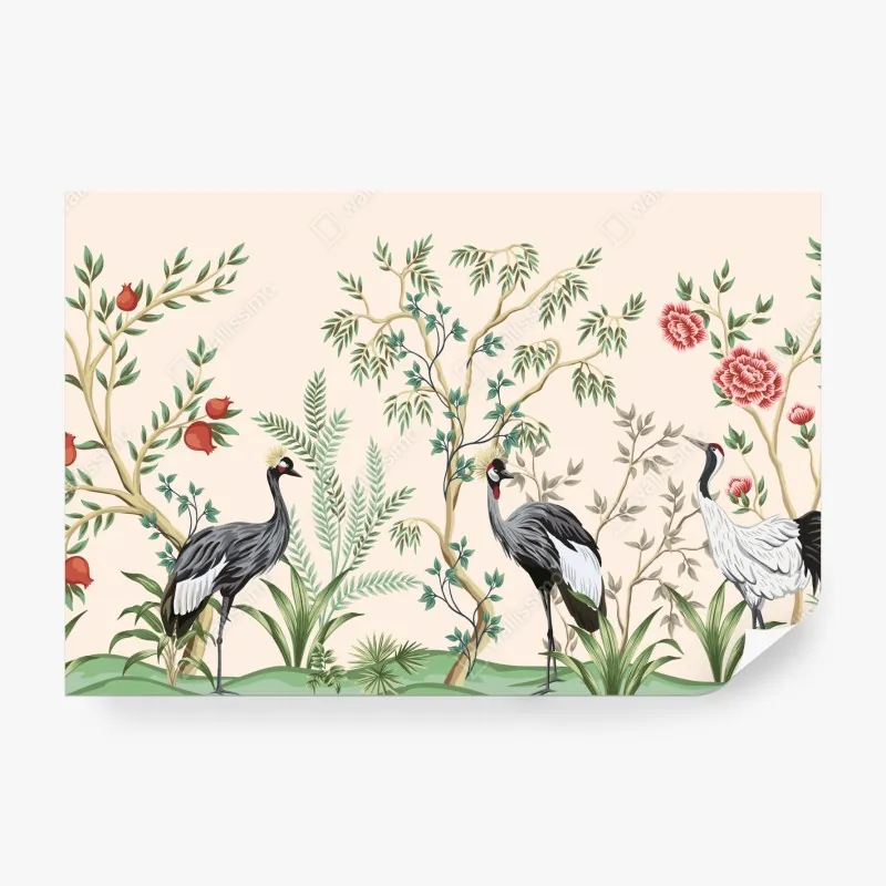 Wall mural serene crane garden illustration