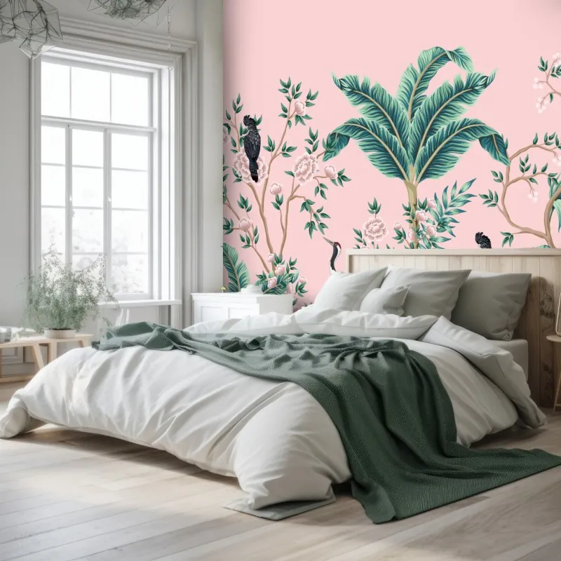 Wall mural pastel tropical botanical design with cranes