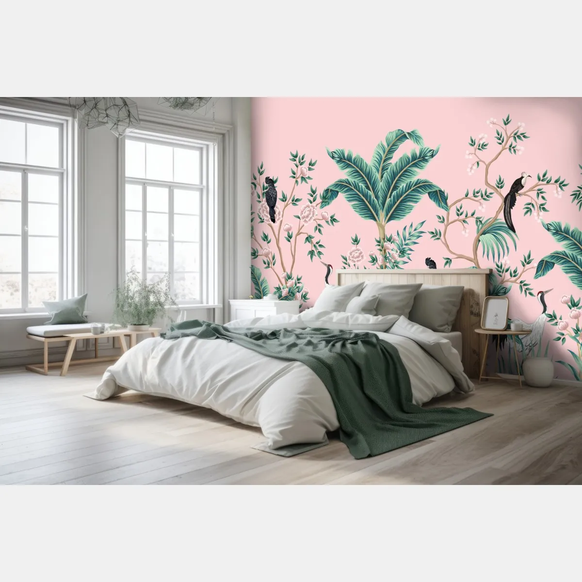 Fototapeta pastelowy tropikalny wzór botaniczny z żurawiami – Wallissimo® Fototapeta pastelowy tropikalny wzór botaniczny z żurawiami – Wallissimo®