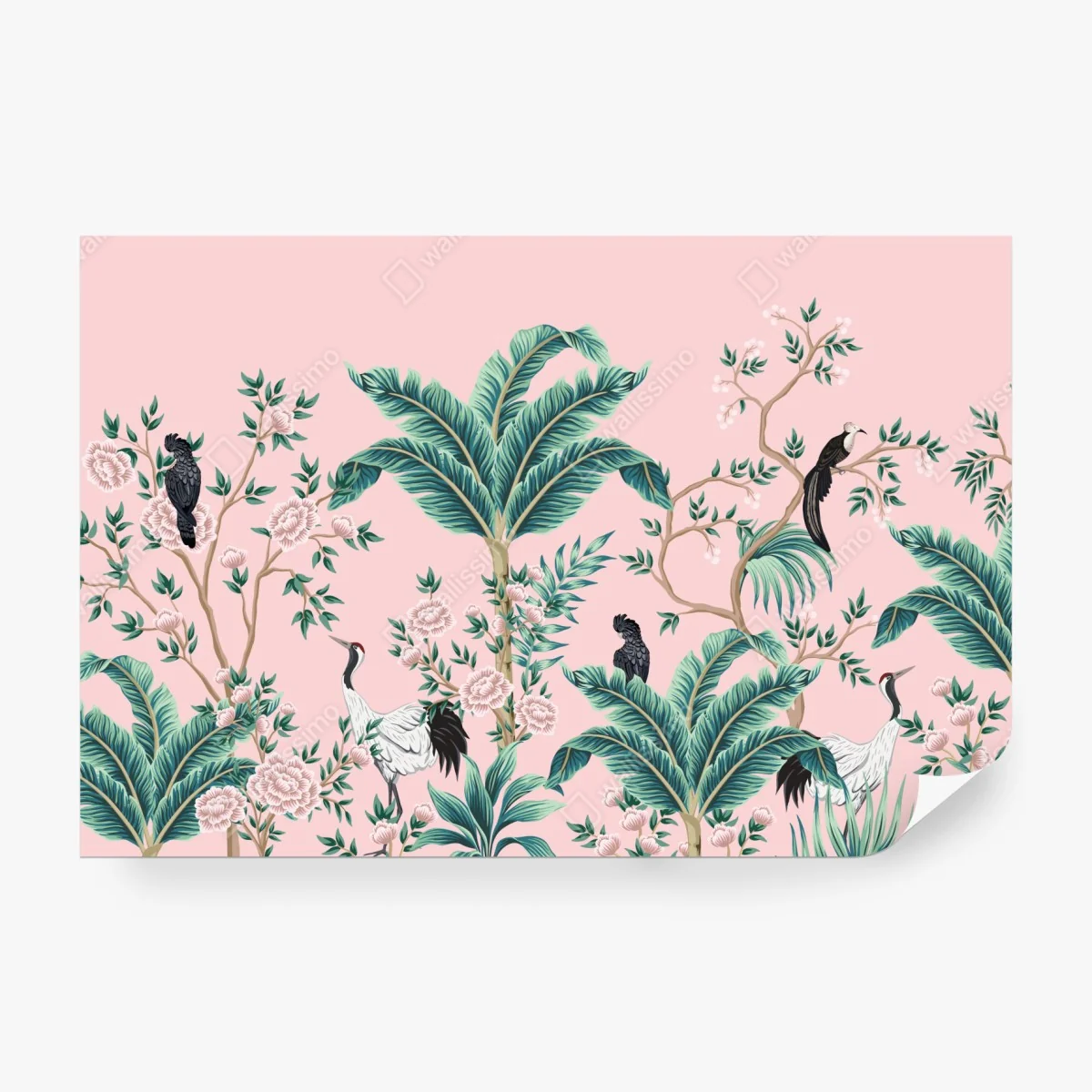 Fototapeta pastelowy tropikalny wzór botaniczny z żurawiami – Wallissimo® Fototapeta pastelowy tropikalny wzór botaniczny z żurawiami – Wallissimo®