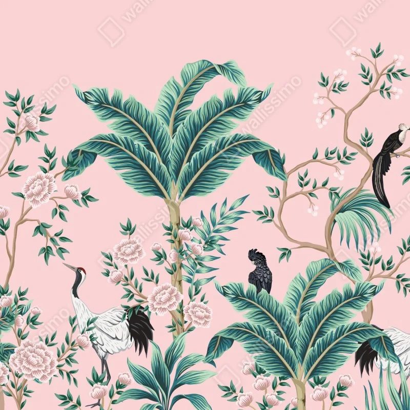 Fototapeta pastelowy tropikalny wzór botaniczny z żurawiami – Wallissimo® Fototapeta pastelowy tropikalny wzór botaniczny z żurawiami – Wallissimo®