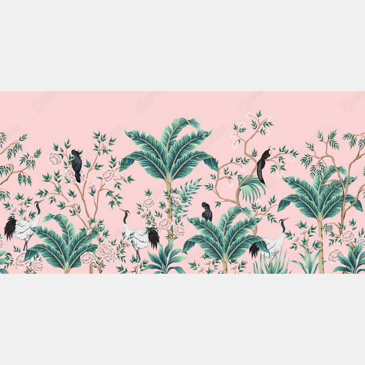 Fototapeta pastelowy tropikalny wzór botaniczny z żurawiami – Wallissimo® Fototapeta pastelowy tropikalny wzór botaniczny z żurawiami – Wallissimo®