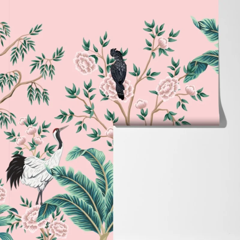 Fototapeta pastelowy tropikalny wzór botaniczny z żurawiami – Wallissimo® Fototapeta pastelowy tropikalny wzór botaniczny z żurawiami – Wallissimo®