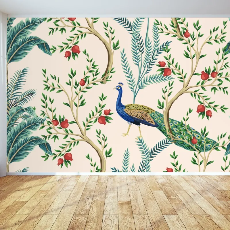 Wall mural peacock among pomegranate branches