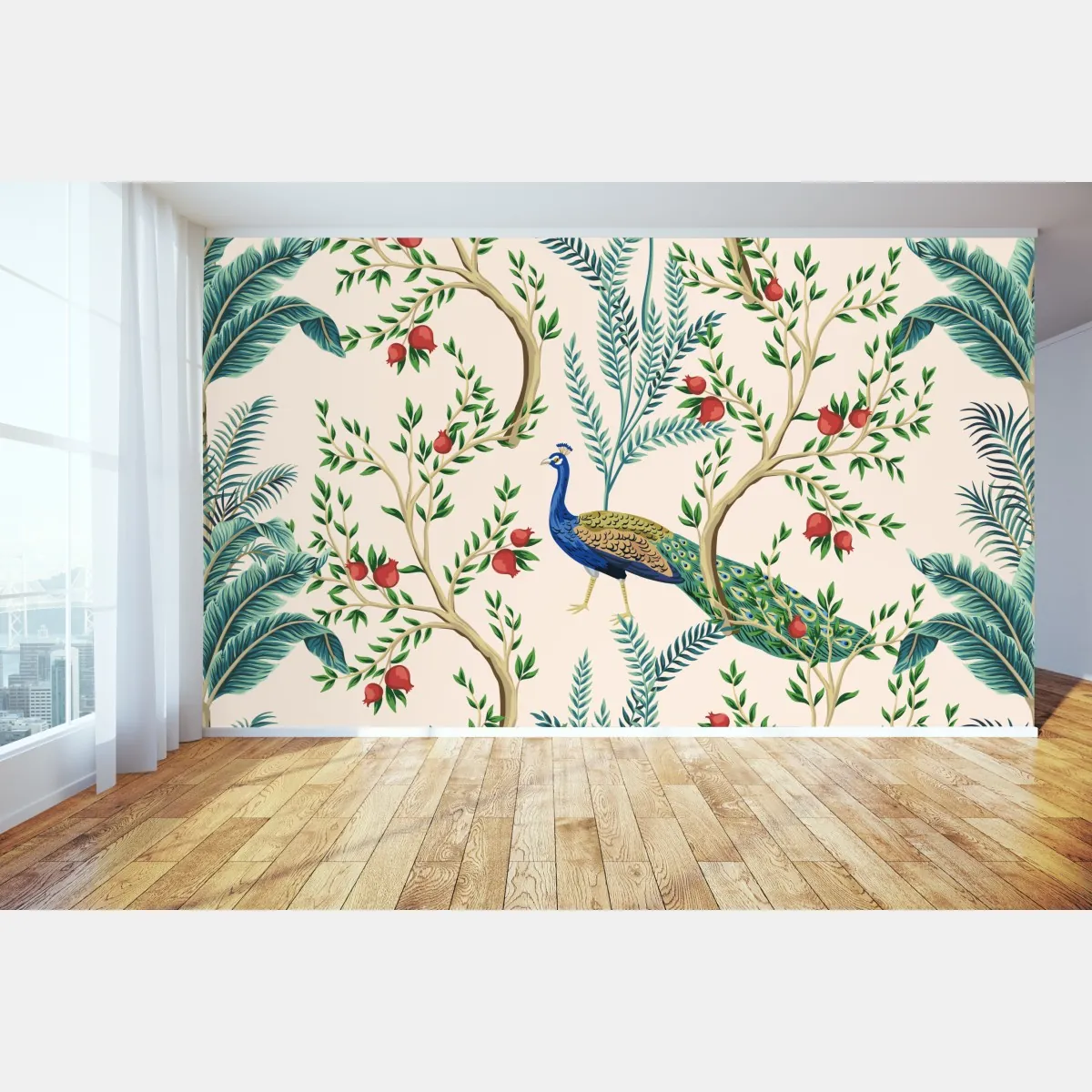 Fototapeta paw wśród gałęzi granatu – Wallissimo® Fototapeta paw wśród gałęzi granatu – Wallissimo®