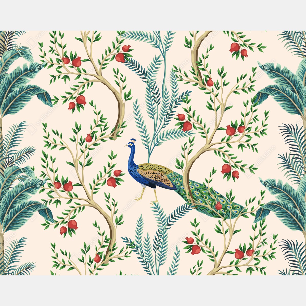 Fototapeta paw wśród gałęzi granatu – Wallissimo® Fototapeta paw wśród gałęzi granatu – Wallissimo®