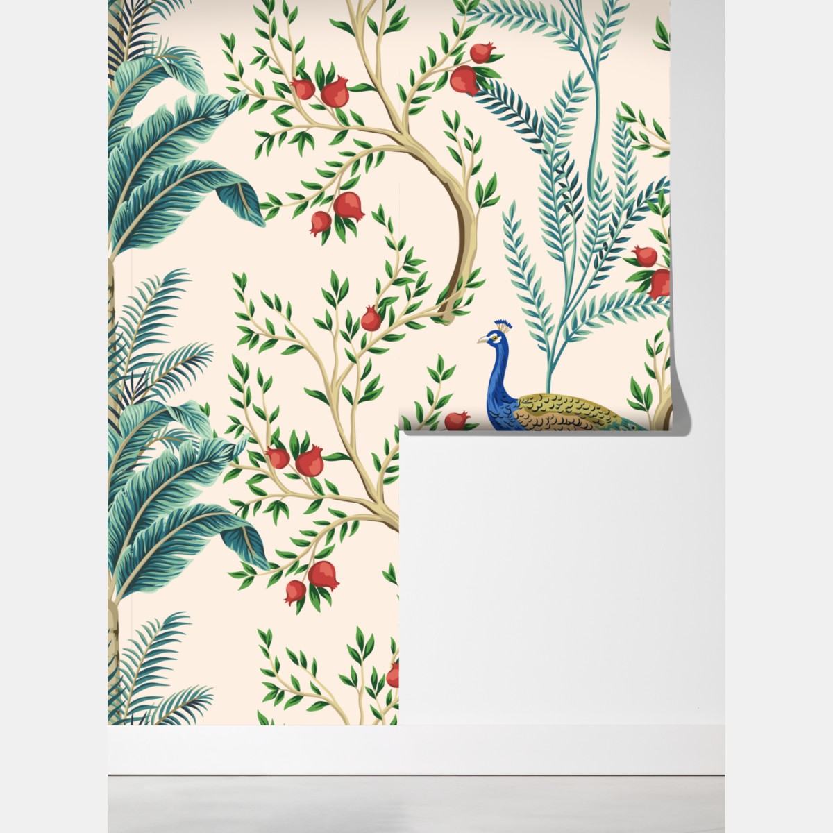 Fototapeta paw wśród gałęzi granatu – Wallissimo® Fototapeta paw wśród gałęzi granatu – Wallissimo®