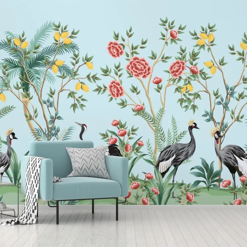 Wall mural elegant crane garden botanical artwork