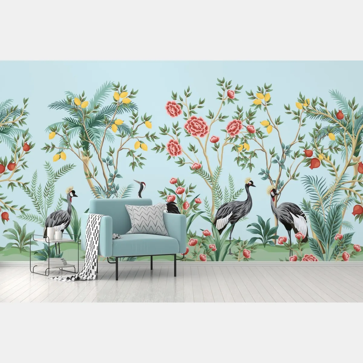 Fototapeta ogród z żurawiami i kwiatami – Wallissimo® Fototapeta ogród z żurawiami i kwiatami – Wallissimo®