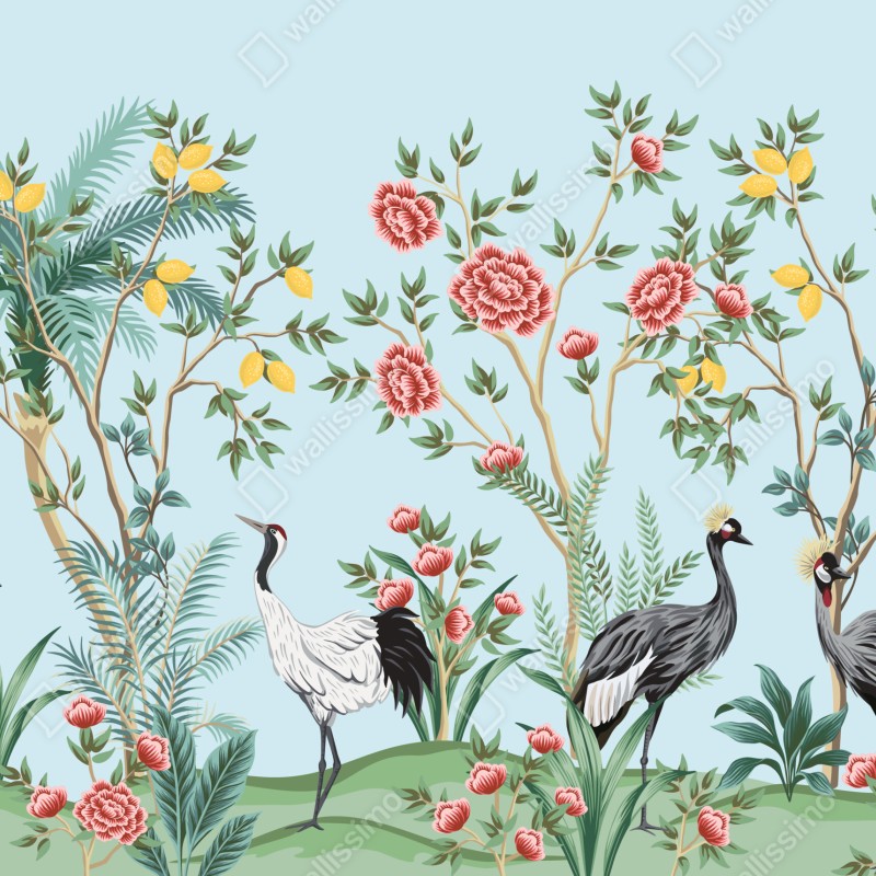 Fototapeta ogród z żurawiami i kwiatami – Wallissimo® Fototapeta ogród z żurawiami i kwiatami – Wallissimo®