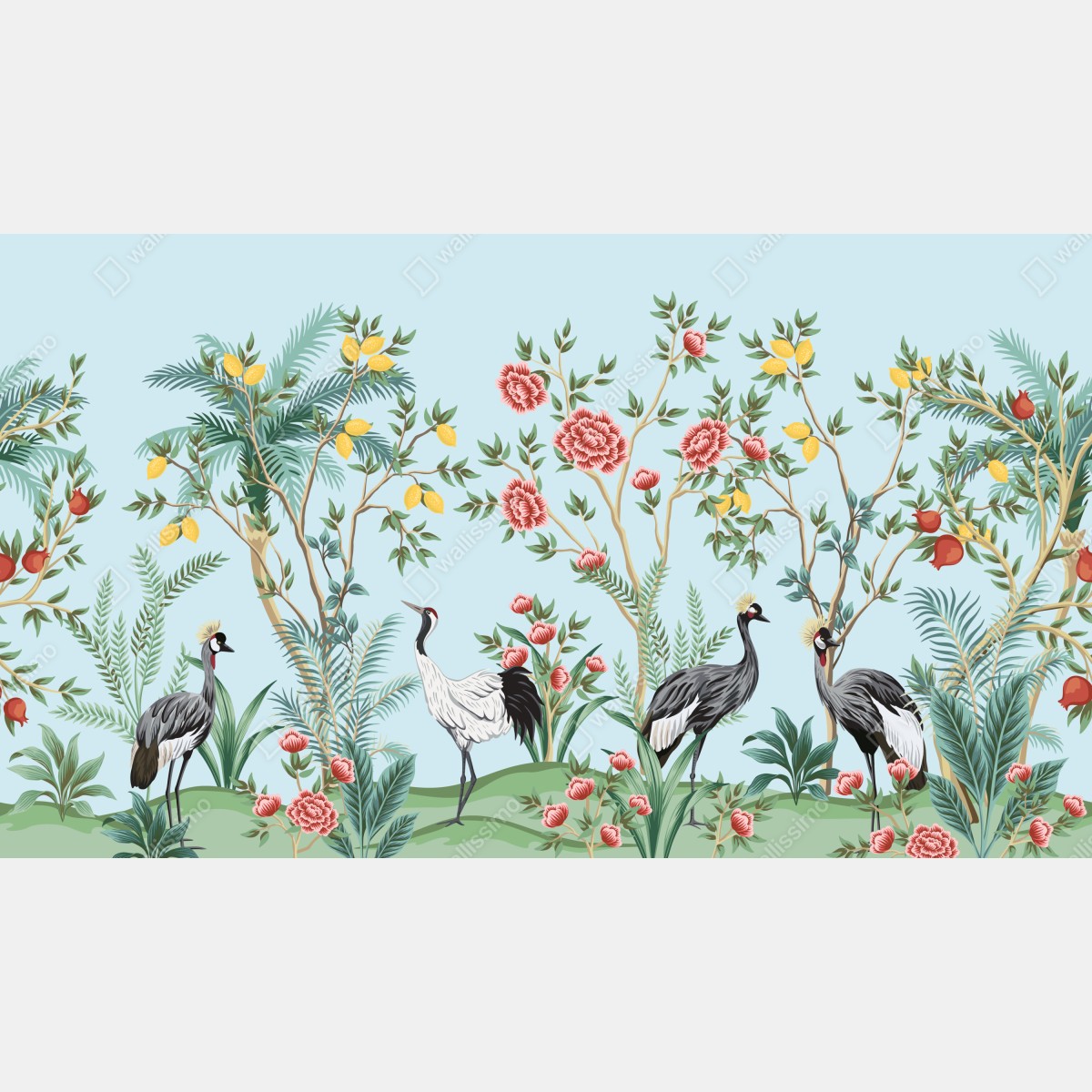 Fototapeta ogród z żurawiami i kwiatami – Wallissimo® Fototapeta ogród z żurawiami i kwiatami – Wallissimo®