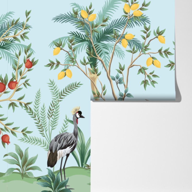 Fototapeta ogród z żurawiami i kwiatami – Wallissimo® Fototapeta ogród z żurawiami i kwiatami – Wallissimo®