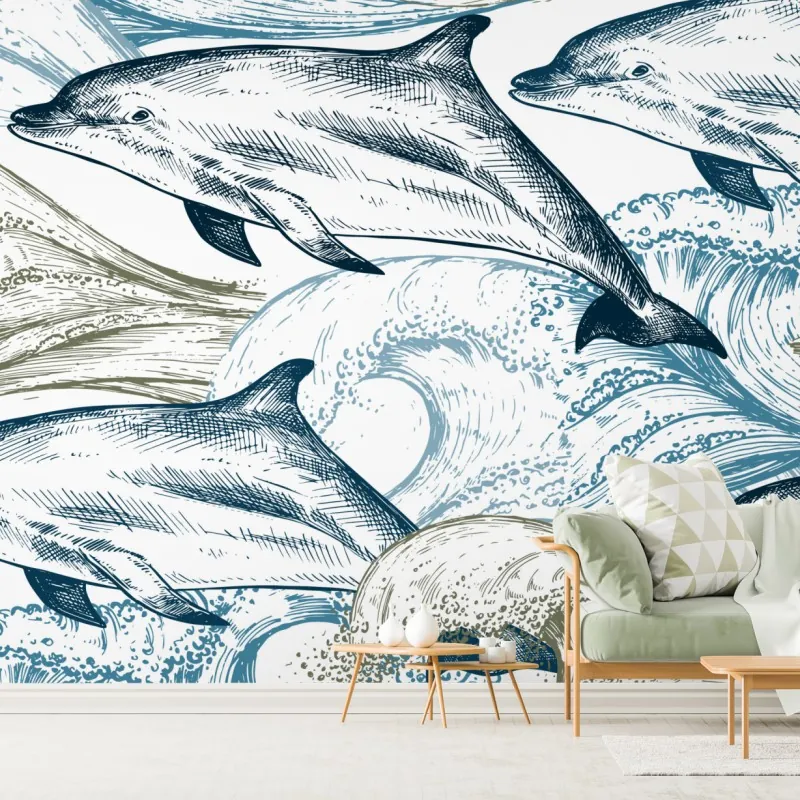 Wall mural vintage dolphins ocean illustration