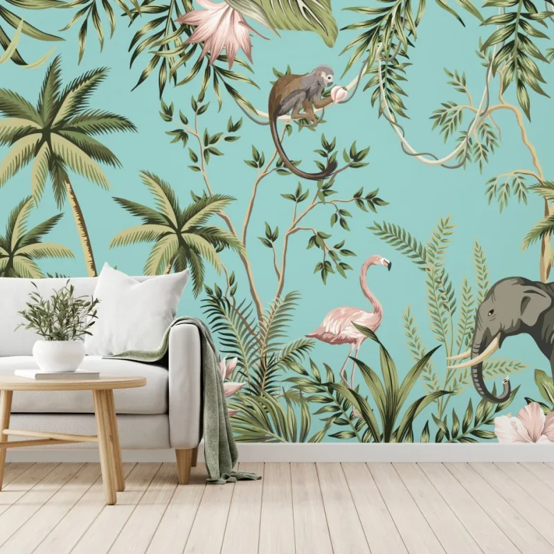 Wall mural tropical jungle scene with elephant and flamingo