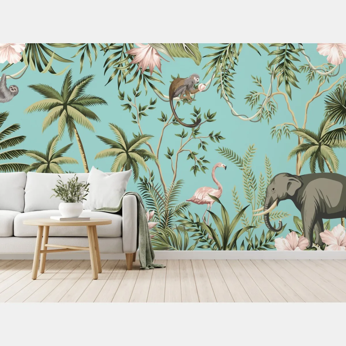 Fototapeta tropikalna scena dżungli ze słoniem i flamingiem – Wallissimo® Fototapeta tropikalna scena dżungli ze słoniem i flamingiem – Wallissimo®