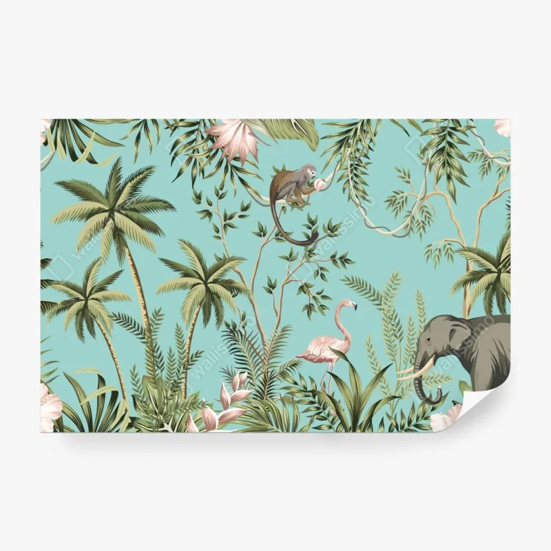 Wall mural tropical jungle scene with elephant and flamingo