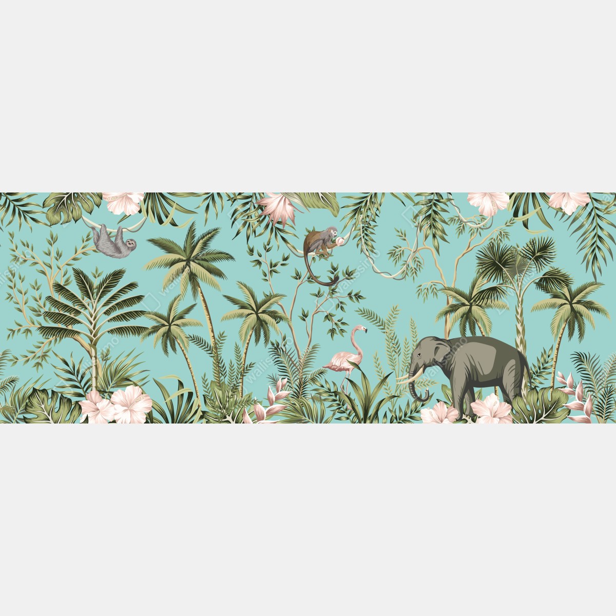 Fototapeta tropikalna scena dżungli ze słoniem i flamingiem – Wallissimo® Fototapeta tropikalna scena dżungli ze słoniem i flamingiem – Wallissimo®
