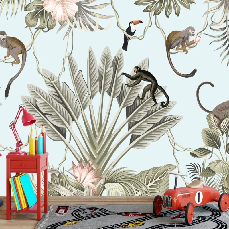Wall mural pastel jungle animals pattern