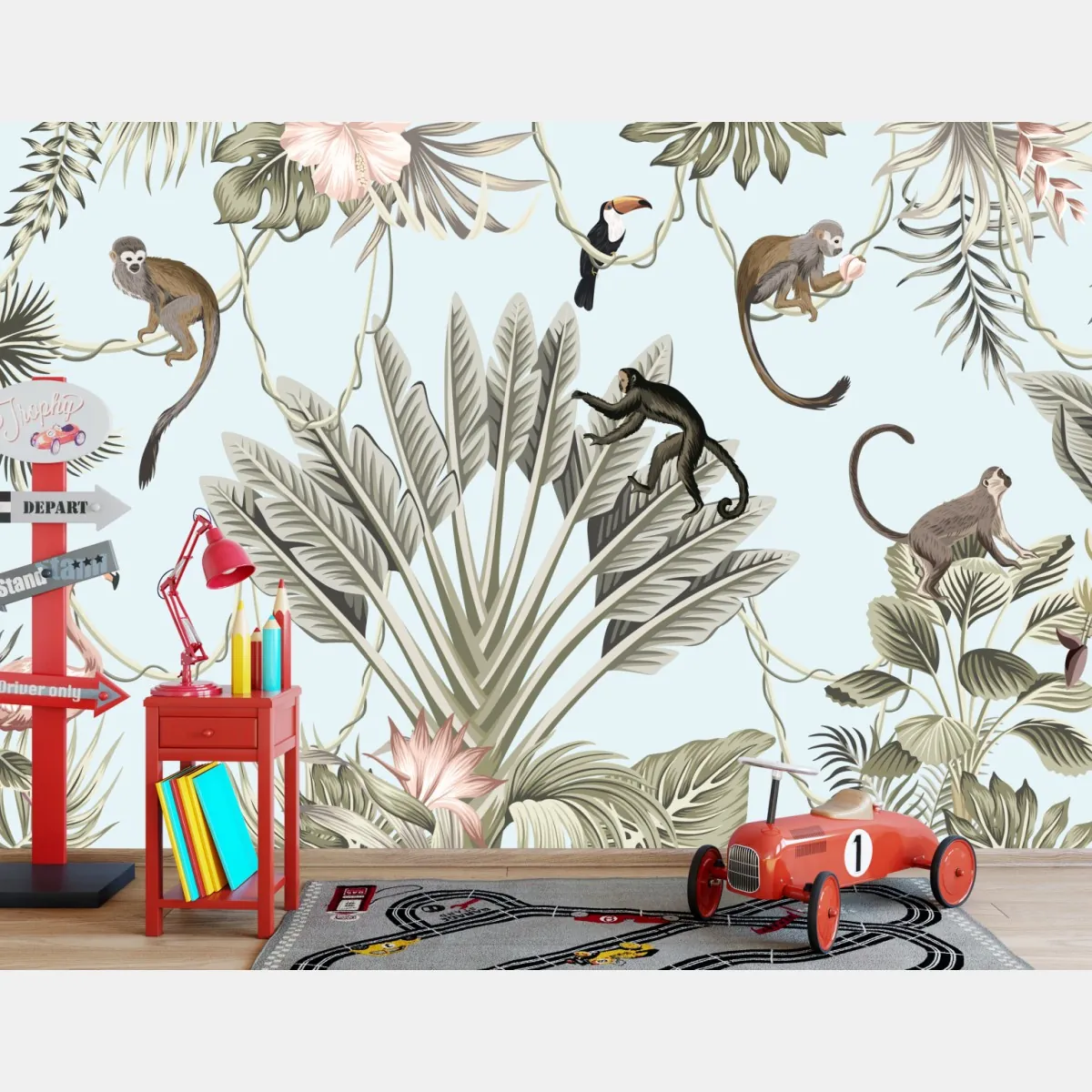 Fototapeta pastelowy wzór dżungli z zwierzętami – Wallissimo® Fototapeta pastelowy wzór dżungli z zwierzętami – Wallissimo®