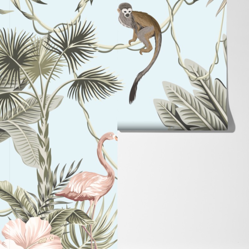 Fototapeta pastelowy wzór dżungli z zwierzętami – Wallissimo® Fototapeta pastelowy wzór dżungli z zwierzętami – Wallissimo®