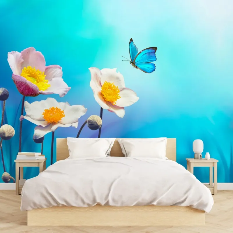 Wall mural delicate pink anemones and blue butterfly