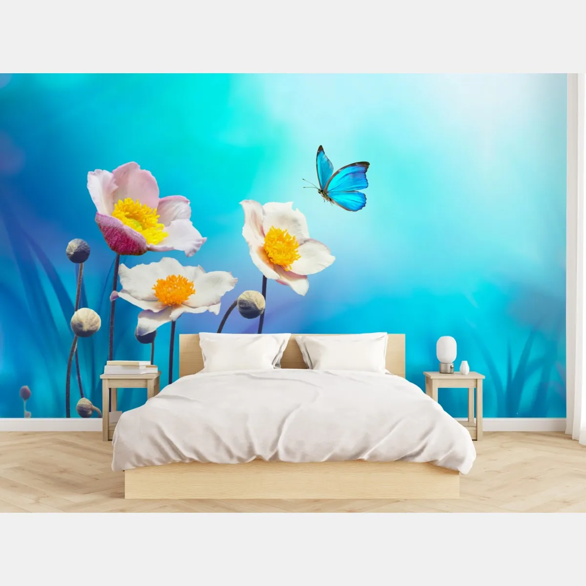 Fototapeta delikatne różowe anemony i niebieski motyl – Wallissimo® Fototapeta delikatne różowe anemony i niebieski motyl – Wallissimo®