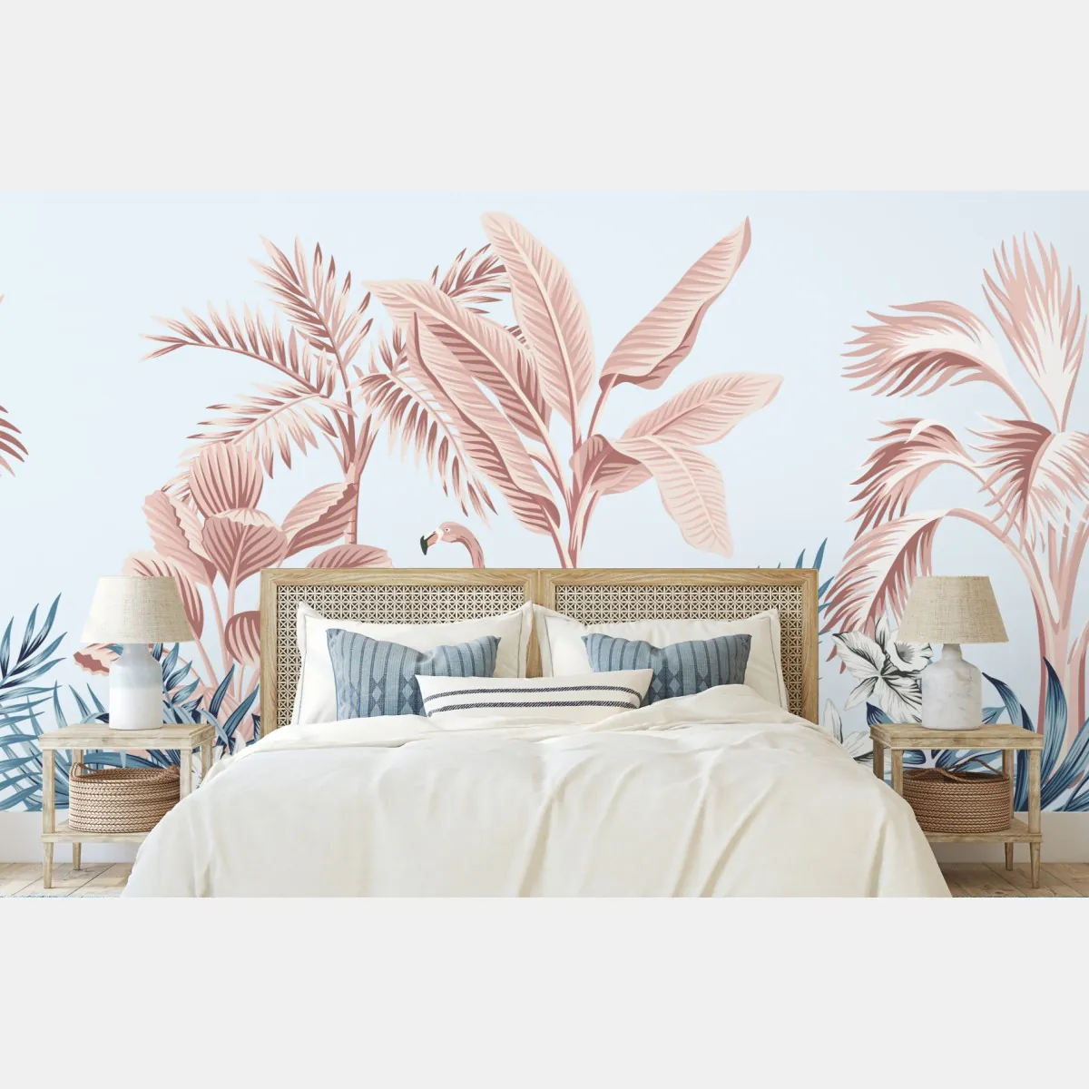 Fototapeta pastelowy tropikalny ogród z flamingiem – Wallissimo® Fototapeta pastelowy tropikalny ogród z flamingiem – Wallissimo®