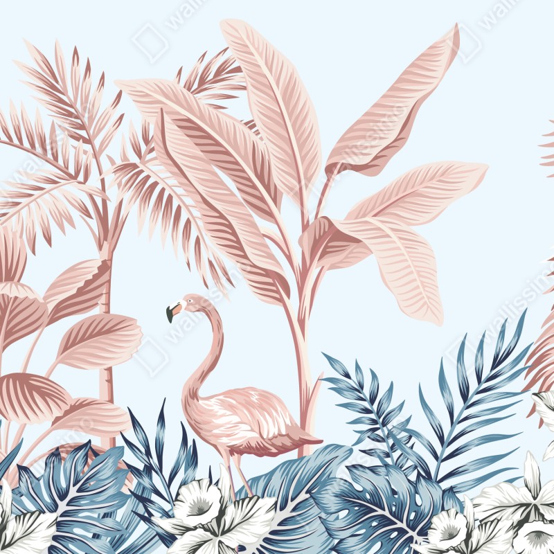 Fototapeta pastelowy tropikalny ogród z flamingiem – Wallissimo® Fototapeta pastelowy tropikalny ogród z flamingiem – Wallissimo®
