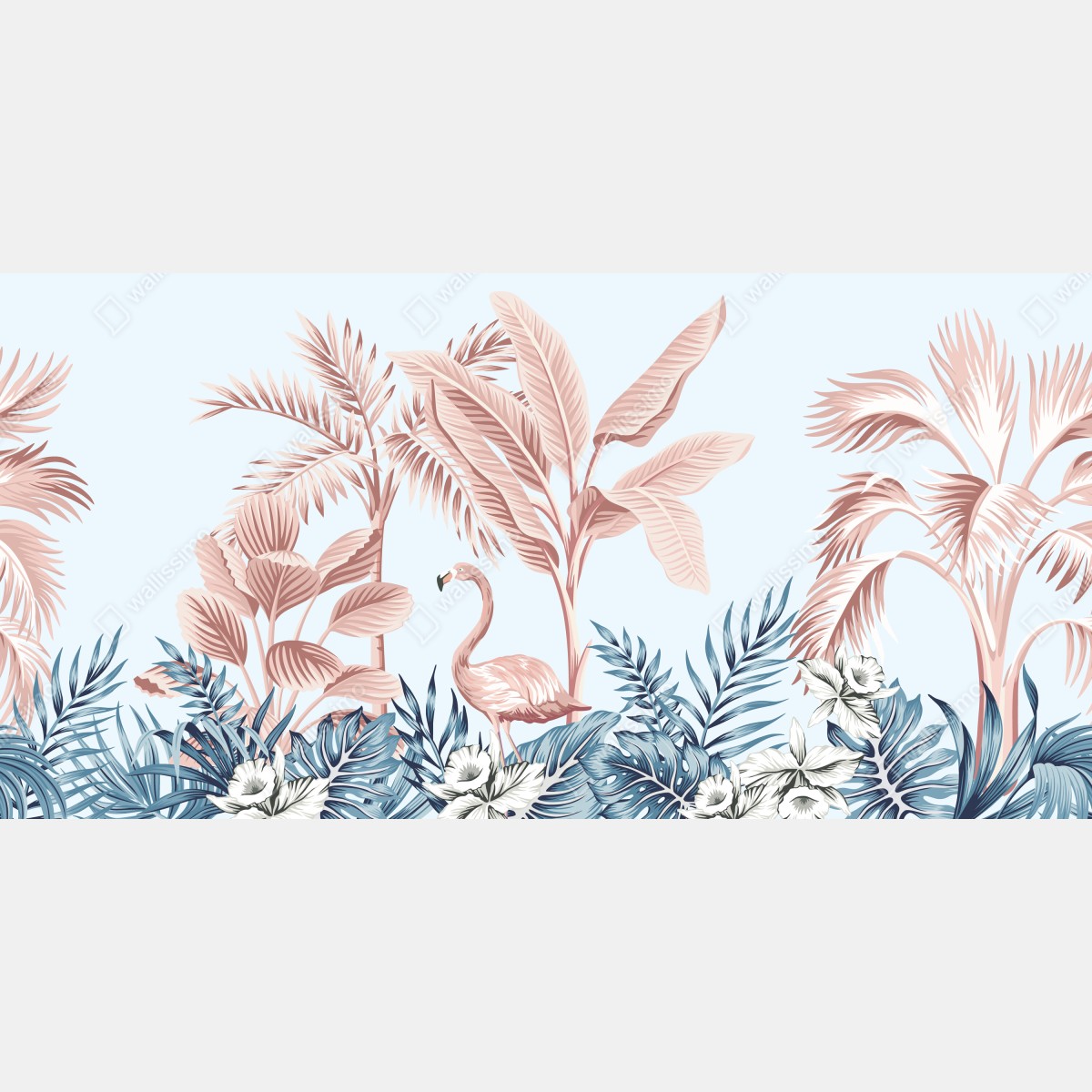 Fototapeta pastelowy tropikalny ogród z flamingiem – Wallissimo® Fototapeta pastelowy tropikalny ogród z flamingiem – Wallissimo®