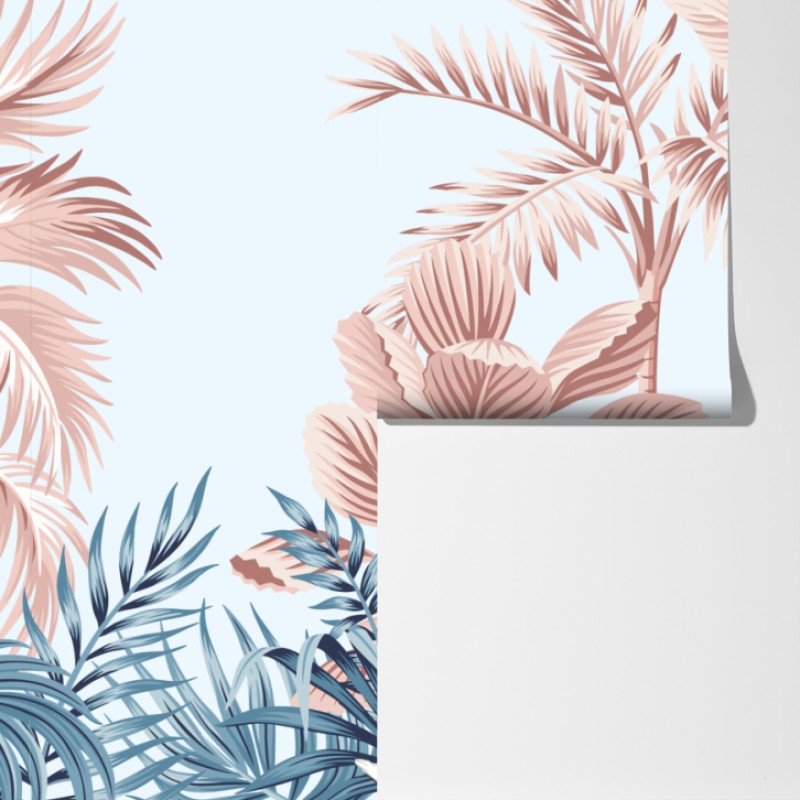 Fototapeta pastelowy tropikalny ogród z flamingiem – Wallissimo® Fototapeta pastelowy tropikalny ogród z flamingiem – Wallissimo®