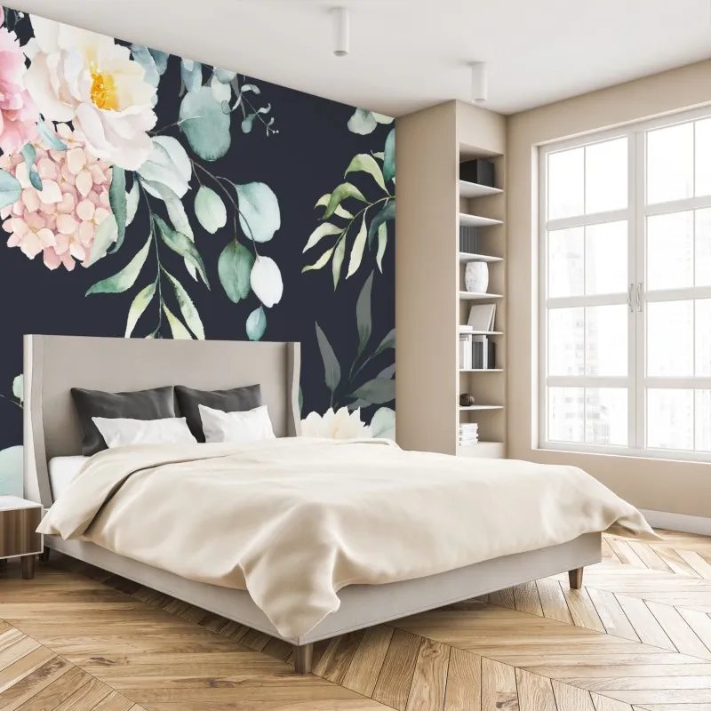 Wall mural elegant watercolor floral print on dark background