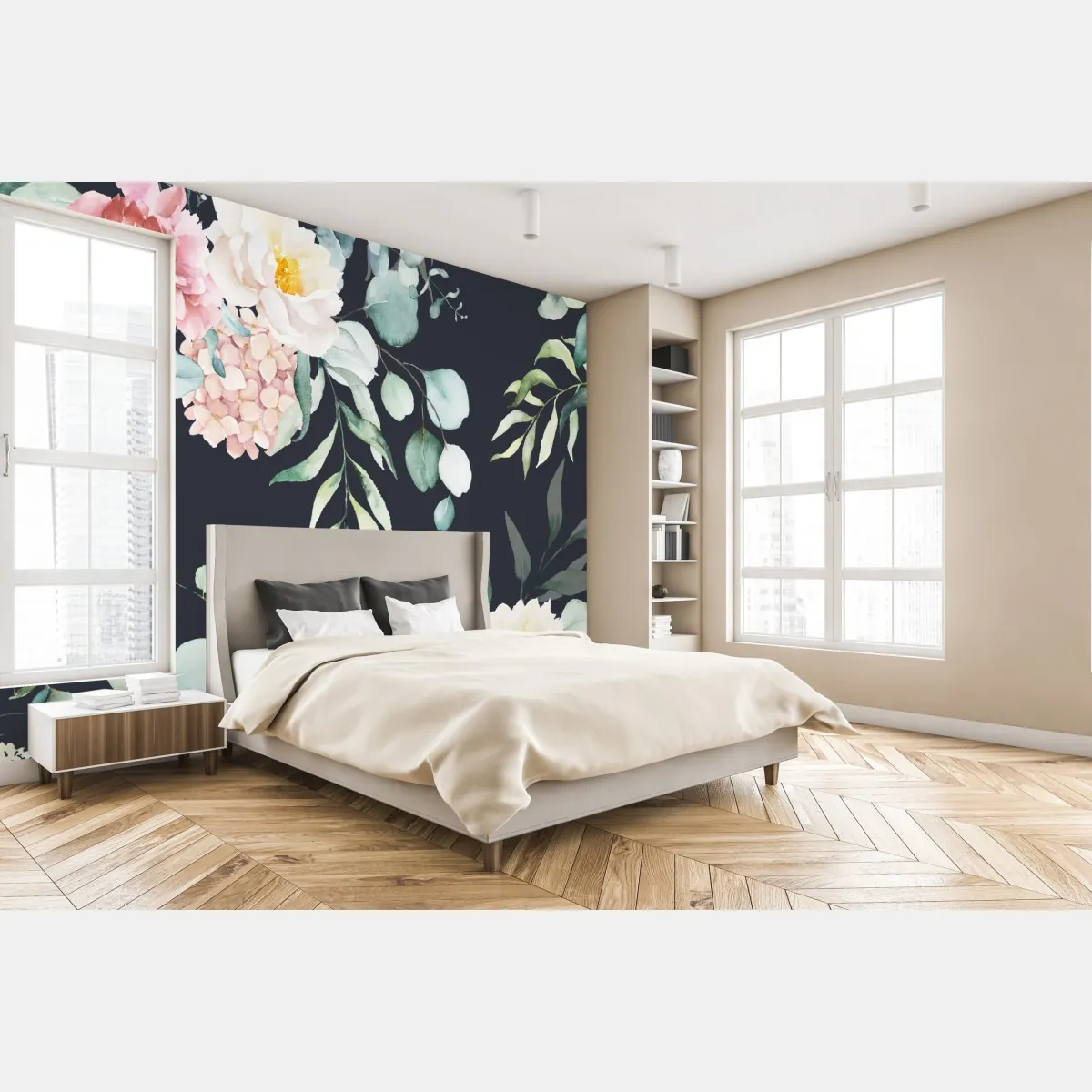 Fototapeta elegancki akwarelowy wzór kwiatowy na ciemnym tle – Wallissimo® Fototapeta elegancki akwarelowy wzór kwiatowy na ciemnym tle – Wallissimo®