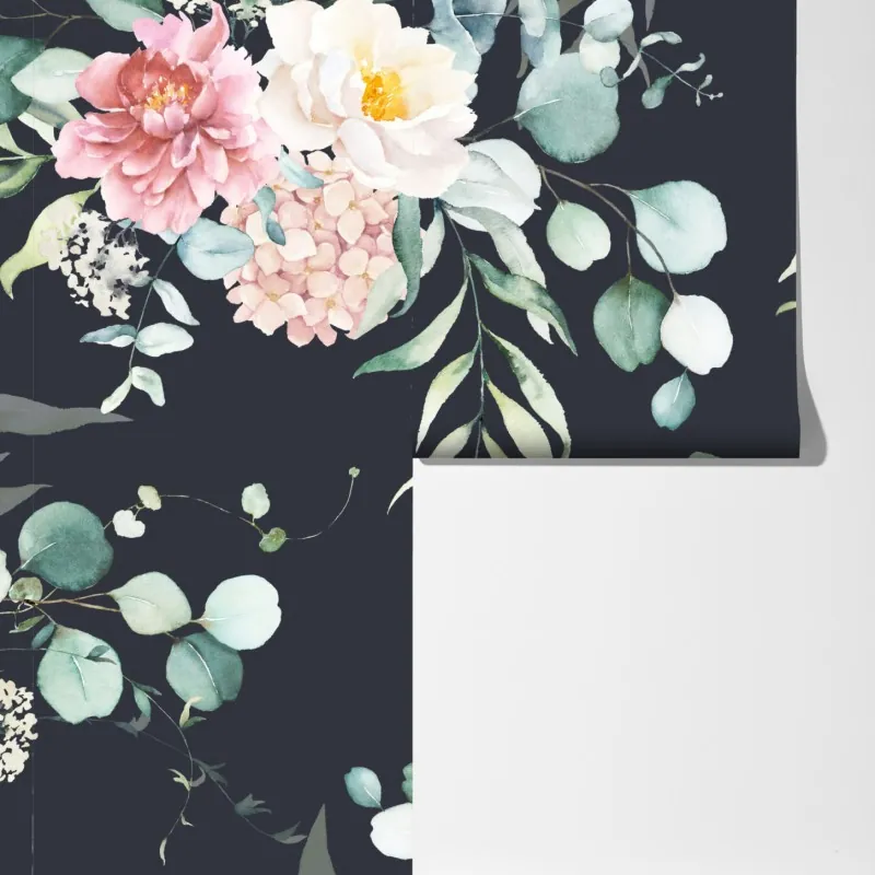 Fototapeta elegancki akwarelowy wzór kwiatowy na ciemnym tle – Wallissimo® Fototapeta elegancki akwarelowy wzór kwiatowy na ciemnym tle – Wallissimo®