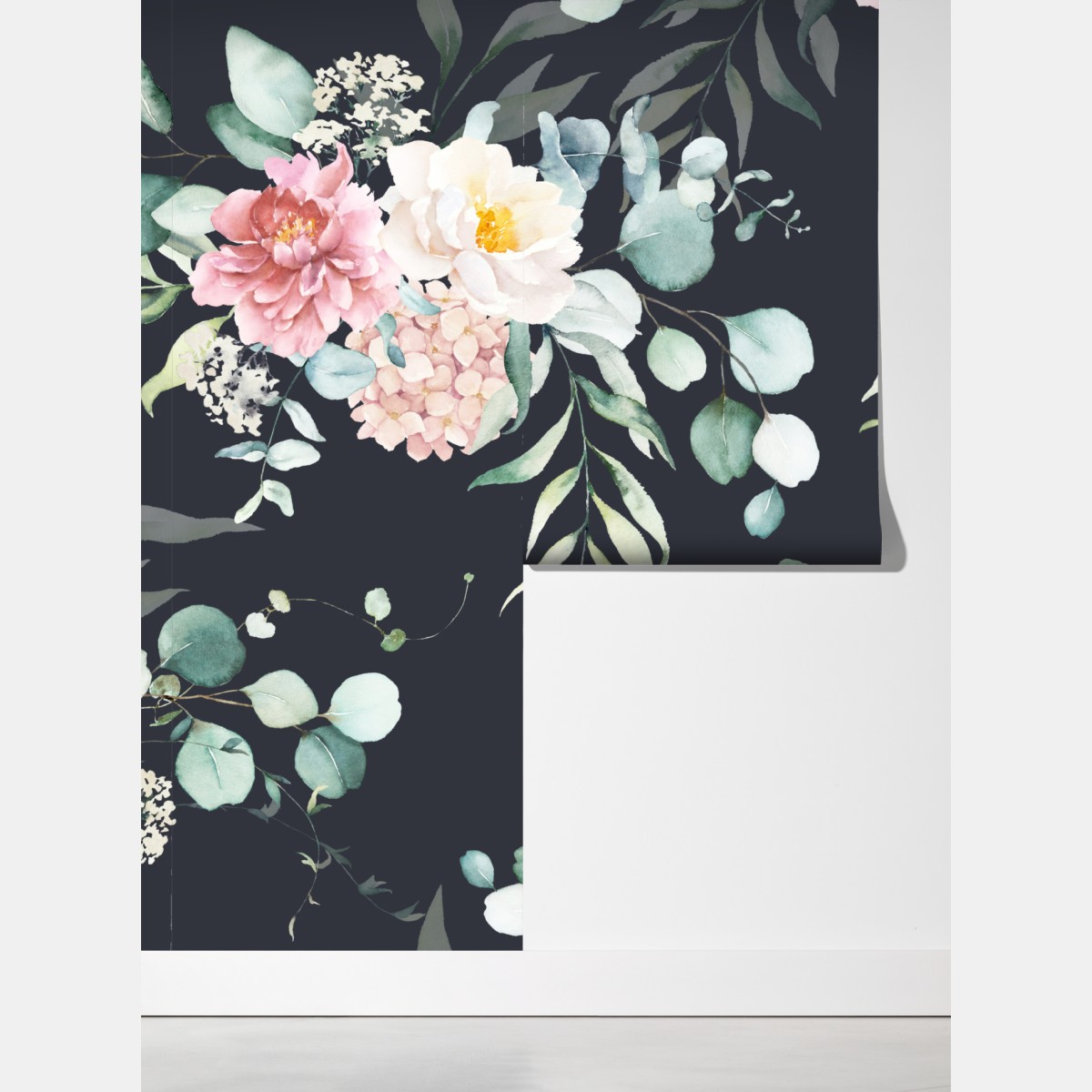 Fototapeta elegancki akwarelowy wzór kwiatowy na ciemnym tle – Wallissimo® Fototapeta elegancki akwarelowy wzór kwiatowy na ciemnym tle – Wallissimo®
