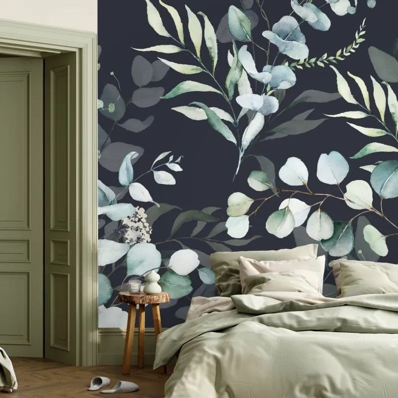 Wall mural eucalyptus watercolor botanical pattern on dark background
