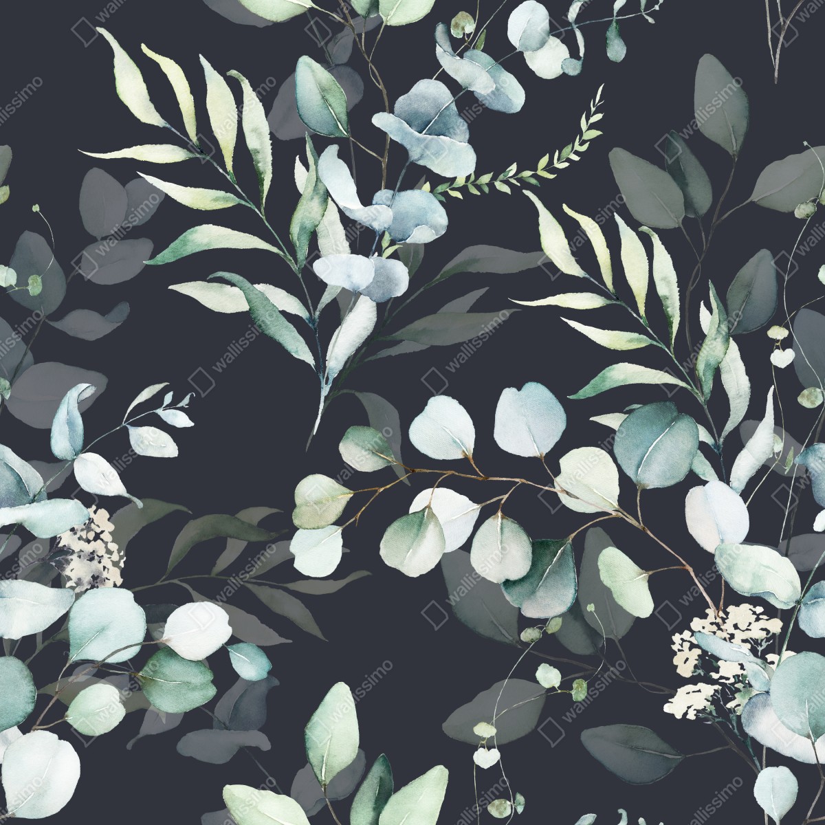 Fototapeta wzór botaniczny eukaliptusa w akwareli na ciemnym tle – Wallissimo® Fototapeta wzór botaniczny eukaliptusa w akwareli na ciemnym tle – Wallissimo®
