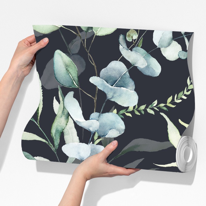 Fototapeta wzór botaniczny eukaliptusa w akwareli na ciemnym tle – Wallissimo® Fototapeta wzór botaniczny eukaliptusa w akwareli na ciemnym tle – Wallissimo®