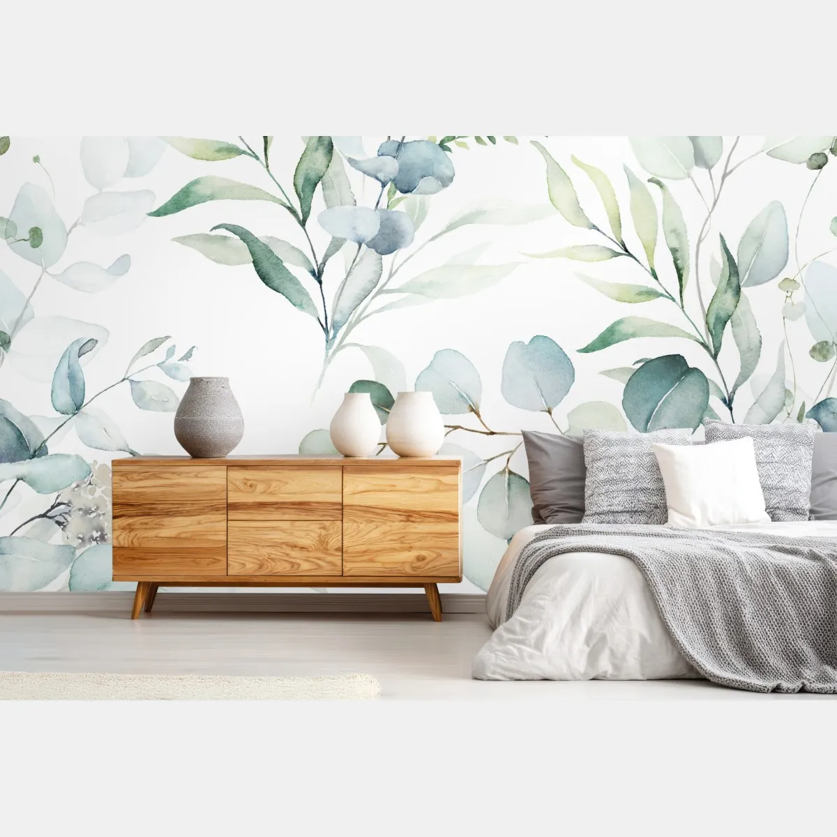 Fototapeta akwarelowy wzór eukaliptusa i liści – Wallissimo® Fototapeta akwarelowy wzór eukaliptusa i liści – Wallissimo®