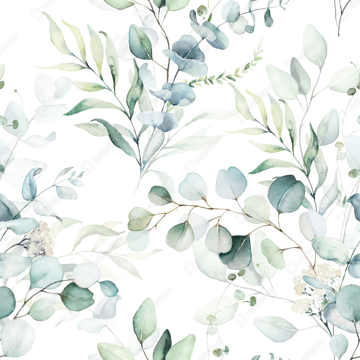 Fototapeta akwarelowy wzór eukaliptusa i liści – Wallissimo® Fototapeta akwarelowy wzór eukaliptusa i liści – Wallissimo®