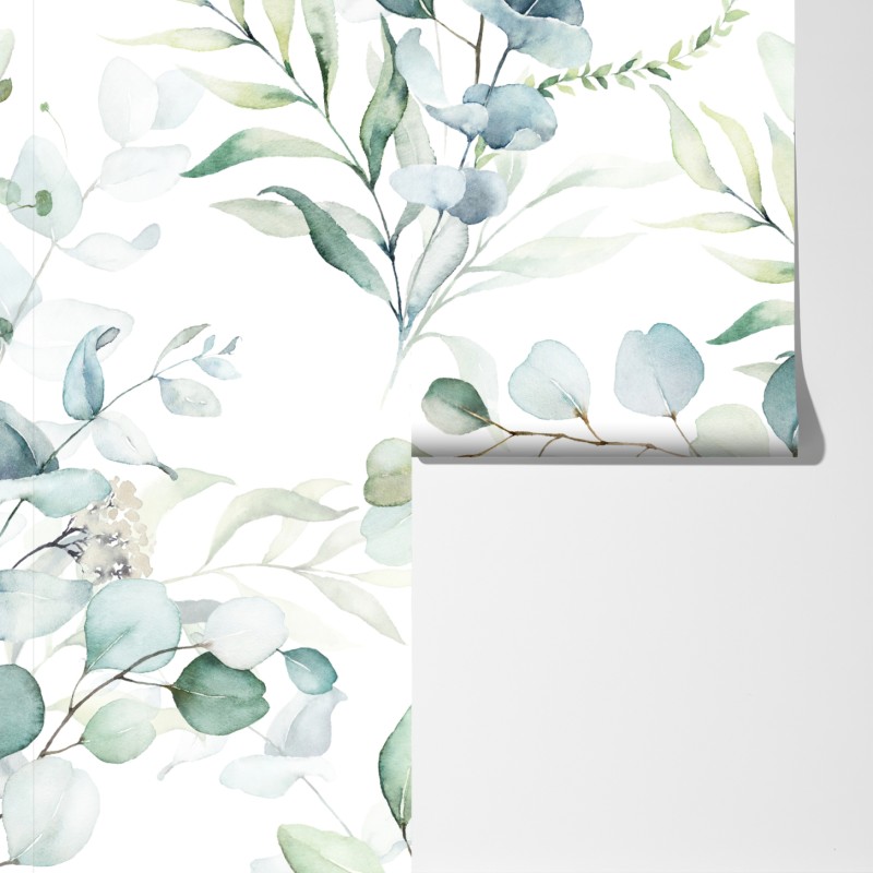 Fototapeta akwarelowy wzór eukaliptusa i liści – Wallissimo® Fototapeta akwarelowy wzór eukaliptusa i liści – Wallissimo®