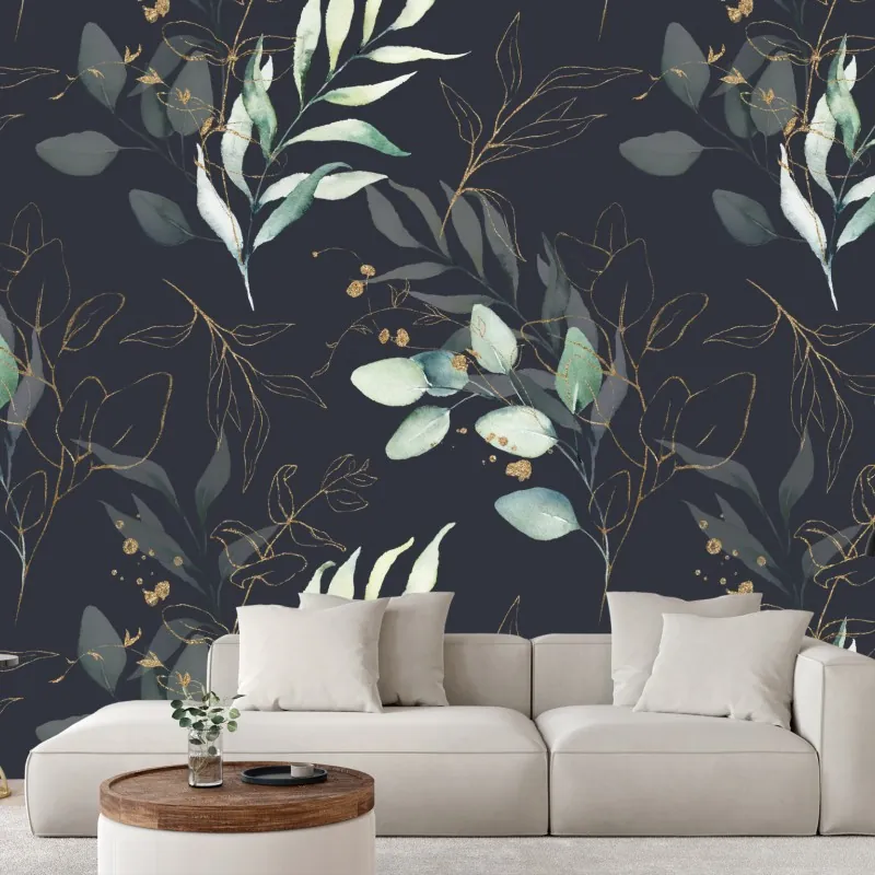 Wall mural watercolor eucalyptus leaves on dark background