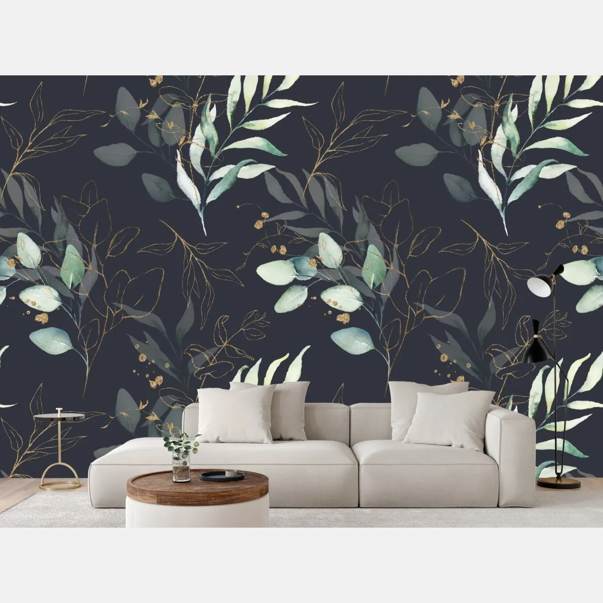 Fototapeta akwarelowe liście eukaliptusa na ciemnym tle – Wallissimo® Fototapeta akwarelowe liście eukaliptusa na ciemnym tle – Wallissimo®