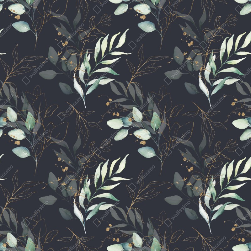Fototapeta akwarelowe liście eukaliptusa na ciemnym tle – Wallissimo® Fototapeta akwarelowe liście eukaliptusa na ciemnym tle – Wallissimo®